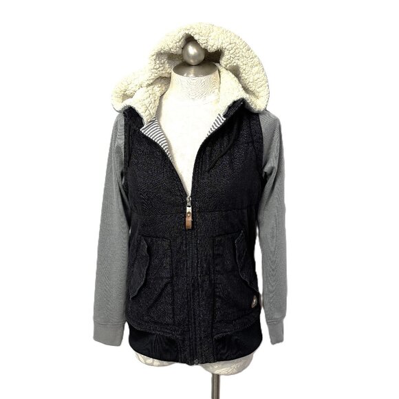 Burton Dry Ride Jacket Blk Denim Sherpa Hoodie W/ Gray Long Sleeve Size Small - Picture 1 of 15